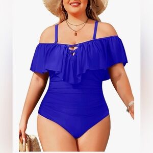Women Blue Plus Size One Piece Swimsuit Tummy Control Ruffle Off Shoulder 24W
